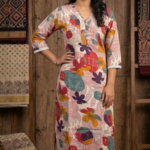 Women's Mull Chanderi Printed Co-Ord Set | Slitted Kurti with Lining & Cigarette Pants B
