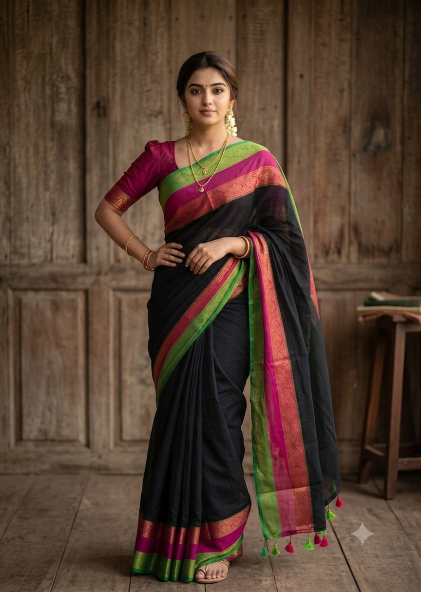 Premium 120 Count Mul Cotton Saree with Contrast Woven Border & Designer Pallu | Soft Lightweight Fine Cotton Saree for Women |