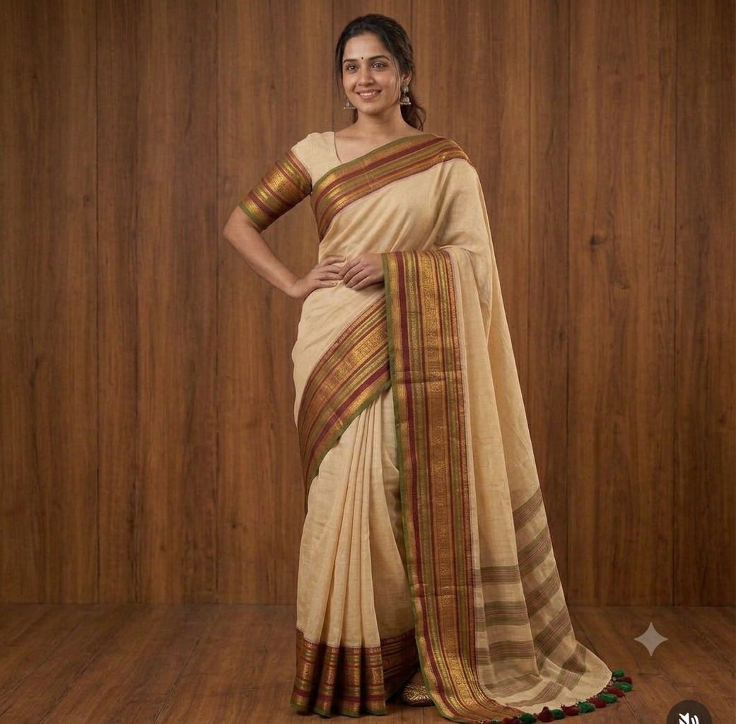 Premium 120 Count Mul Cotton Saree with Golden Kasavu & Traditional Border