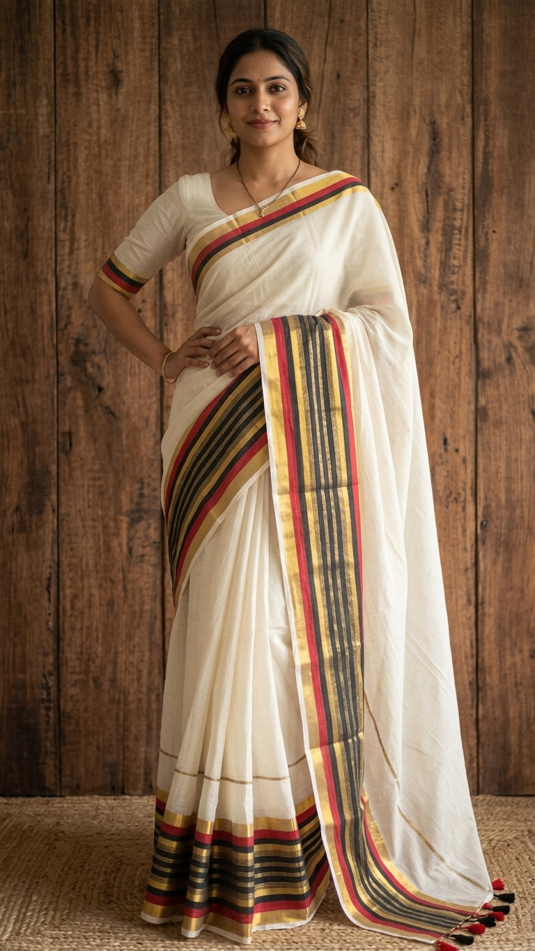 Premium Mul Cotton Kasavu Saree | 120 Count Fine Cotton | Traditional Kerala Saree with Multicolour Kasavu Border