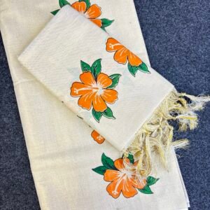 Tissue Material Kerala Set Mund | Traditional Kerala Kasavu Style Set Mundum Neriyathum | Floral Printed Design | 2.80 Metre Orange