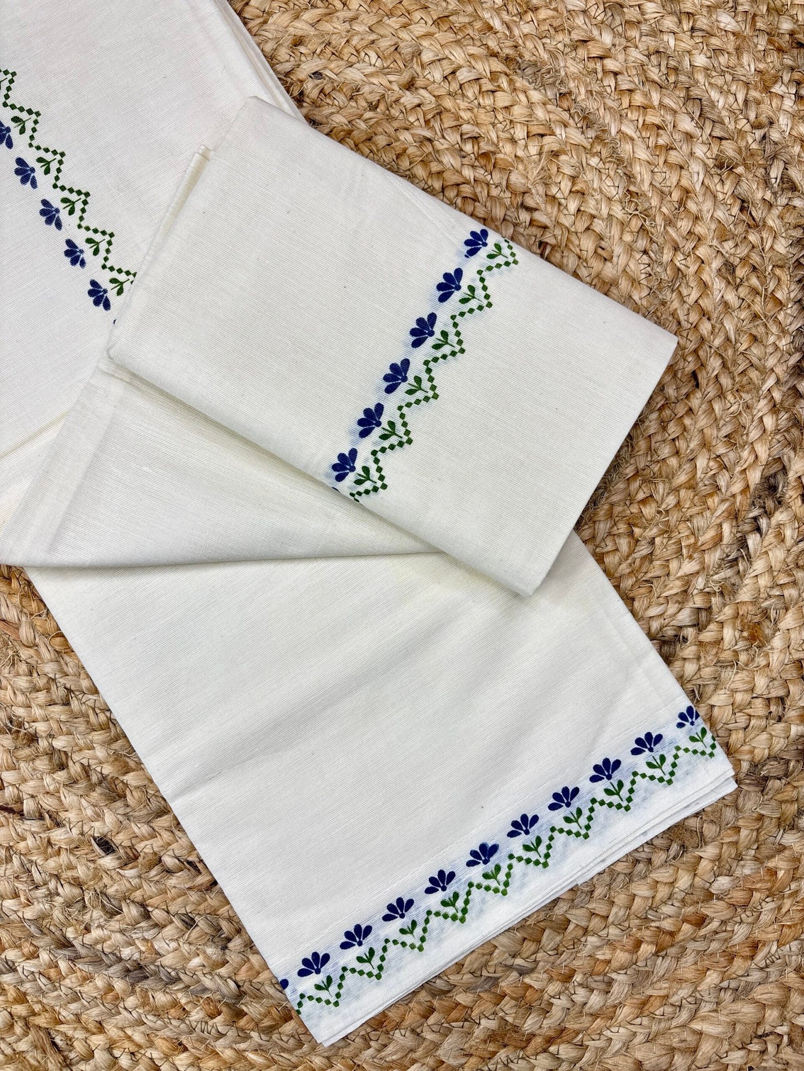 Authentic Traditional Gada Cotton Set Mundu (2.80 Meters) – Premium Blue Floral Border Design - Image 2