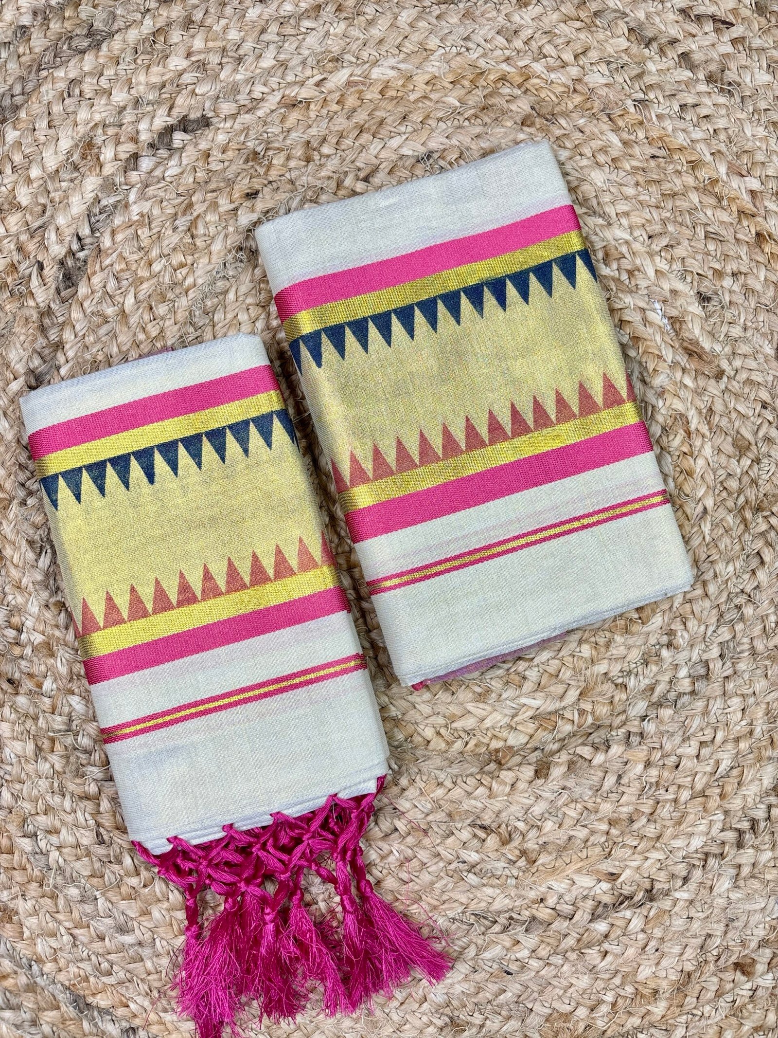Traditional Kerala Tissue Set Mundu with Vibrant Multi-Color Geometric Border & Pink Tassels (2.80 Meters)