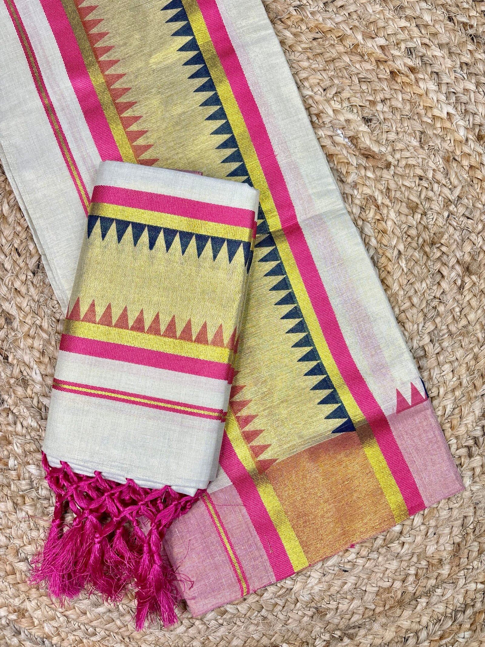 Traditional Kerala Tissue Set Mundu with Vibrant Multi-Color Geometric Border & Pink Tassels (2.80 Meters) - Image 3
