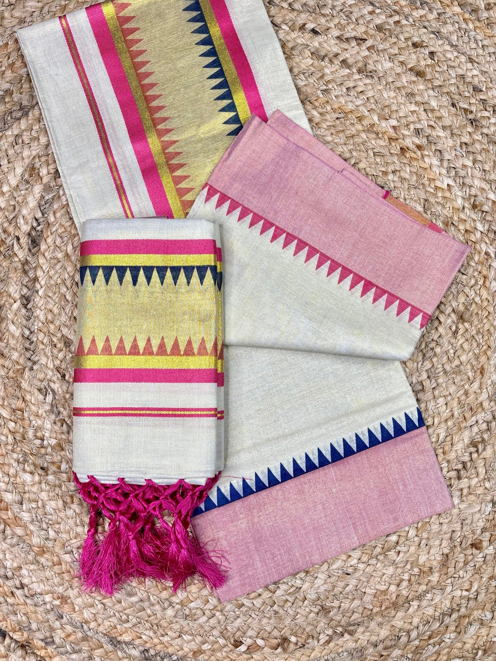 Traditional Kerala Tissue Set Mundu with Vibrant Multi-Color Geometric Border & Pink Tassels (2.80 Meters) - Image 2