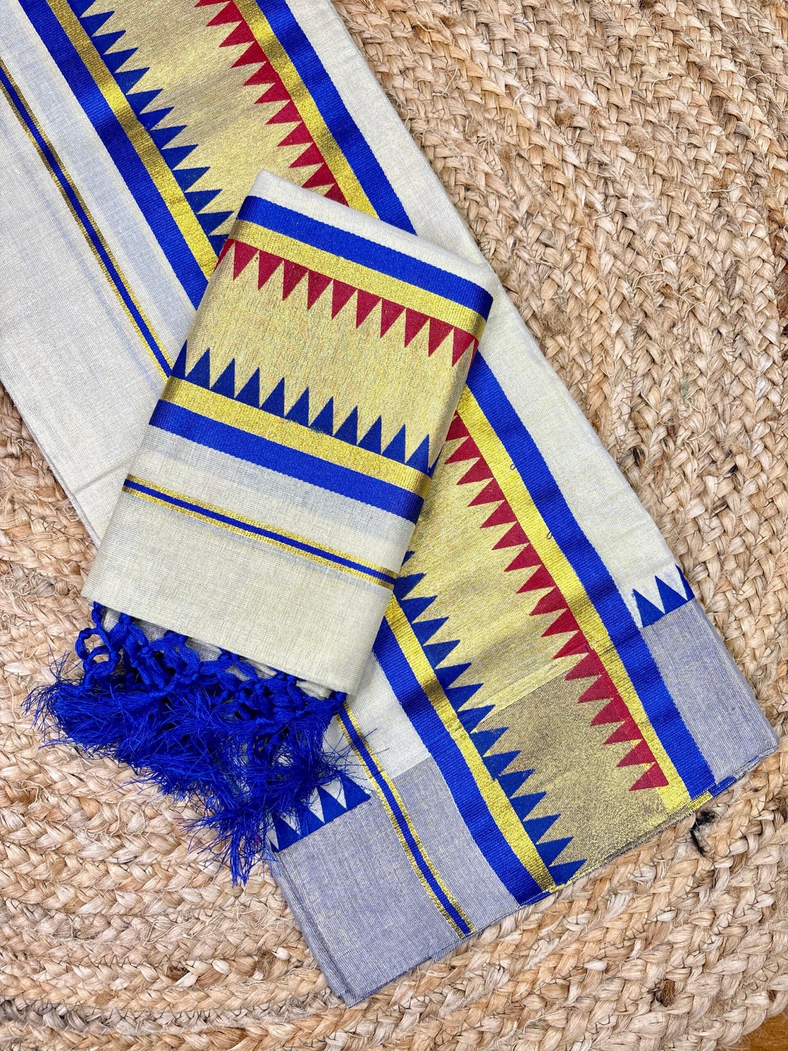 Kerala Tissue Set Mundum Neriyathum | Traditional Kerala Kasavu Set Mund with Designer Multicolour Border | 2.80 Metre - Image 3
