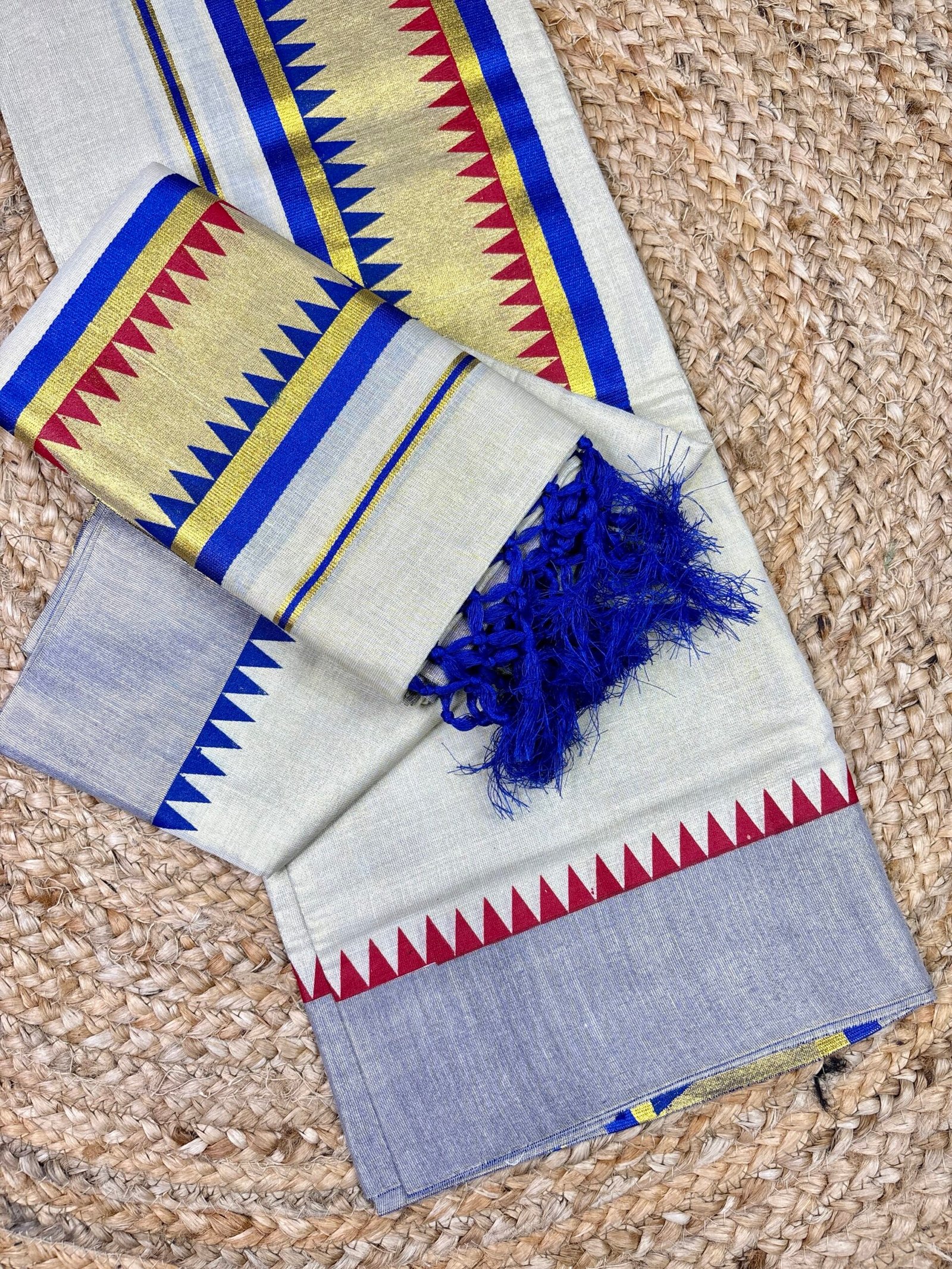 Kerala Tissue Set Mundum Neriyathum | Traditional Kerala Kasavu Set Mund with Designer Multicolour Border | 2.80 Metre - Image 2