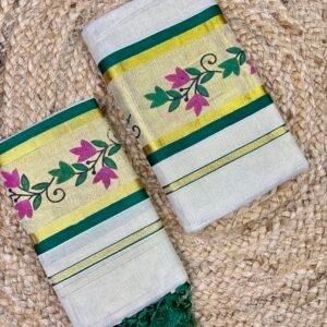Tissue Set Mundu 2.80 Meter | Printed Floral Design Mundum Neriyathum with Tassels