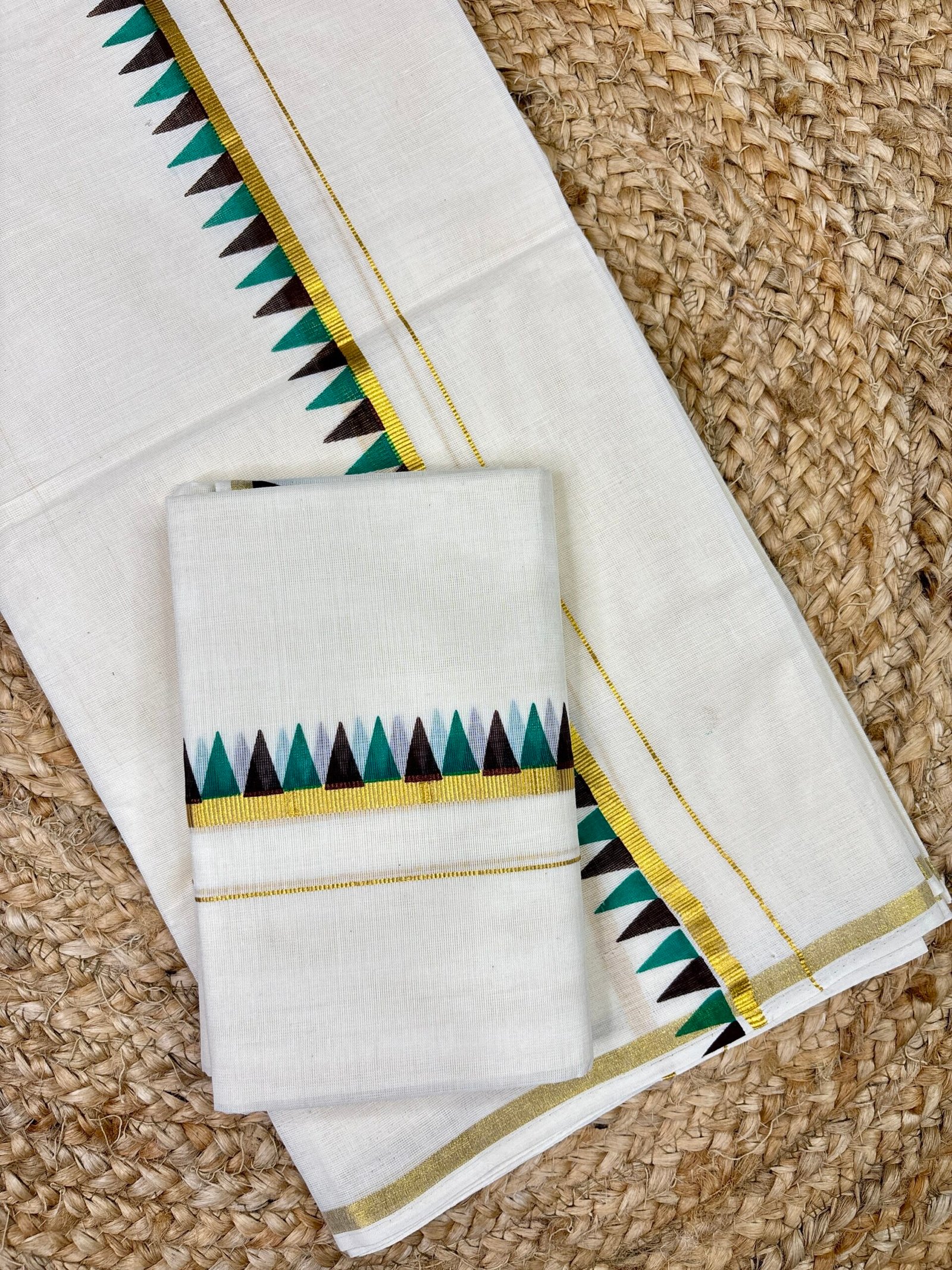 Kerala Set Mundum Neriyathum | Traditional Kerala Set Mund with Multicolour Comma Print Border | 2.80 Metre b - Image 3
