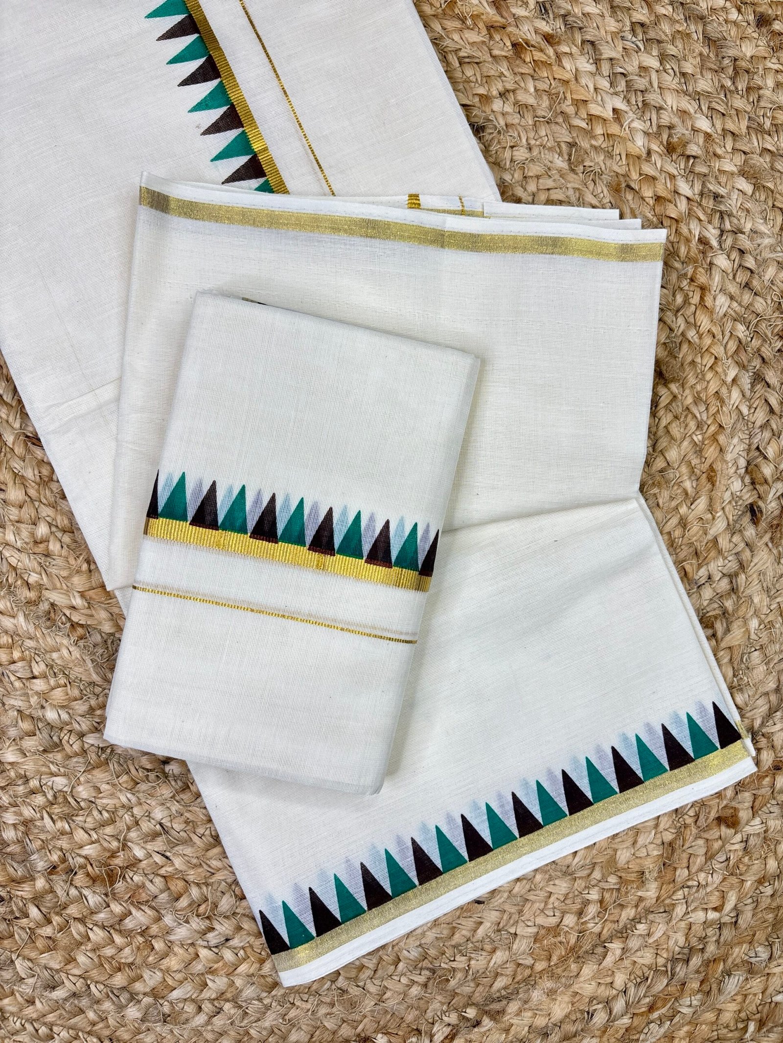 Kerala Set Mundum Neriyathum | Traditional Kerala Set Mund with Multicolour Comma Print Border | 2.80 Metre b - Image 2