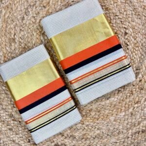 NeeHara Exclusive Premium Micro Check Kerala Set Mundu (2.80 Metres) with Rich Zari Border & Contrast Multi-Color Stripe Accent Orange and Black