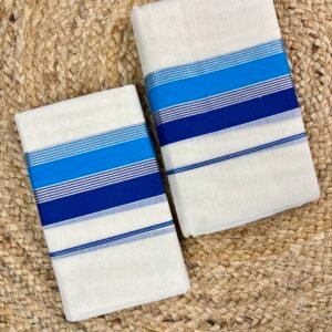 Kerala Traditional Set Mund | Multicolour Kasavu Border Design | 2.80 Metre Traditional Kerala Mundum Neriyathum Blue
