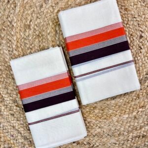 Kerala Traditional Set Mund | Multicolour Kasavu Border Design | 2.80 Metre Traditional Kerala Mundum Neriyathum Orange
