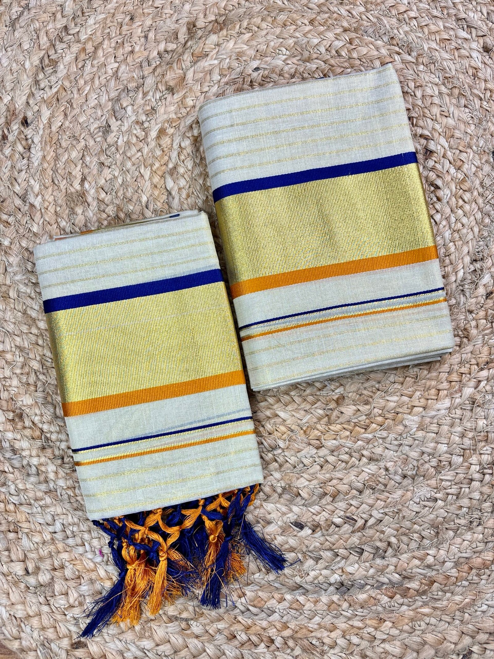 Premium Kerala Tissue Set Mundu (2.80 Meters) with Royal Blue & Mustard Border | Traditional Kasavu Mundu Set with Tassels for Women