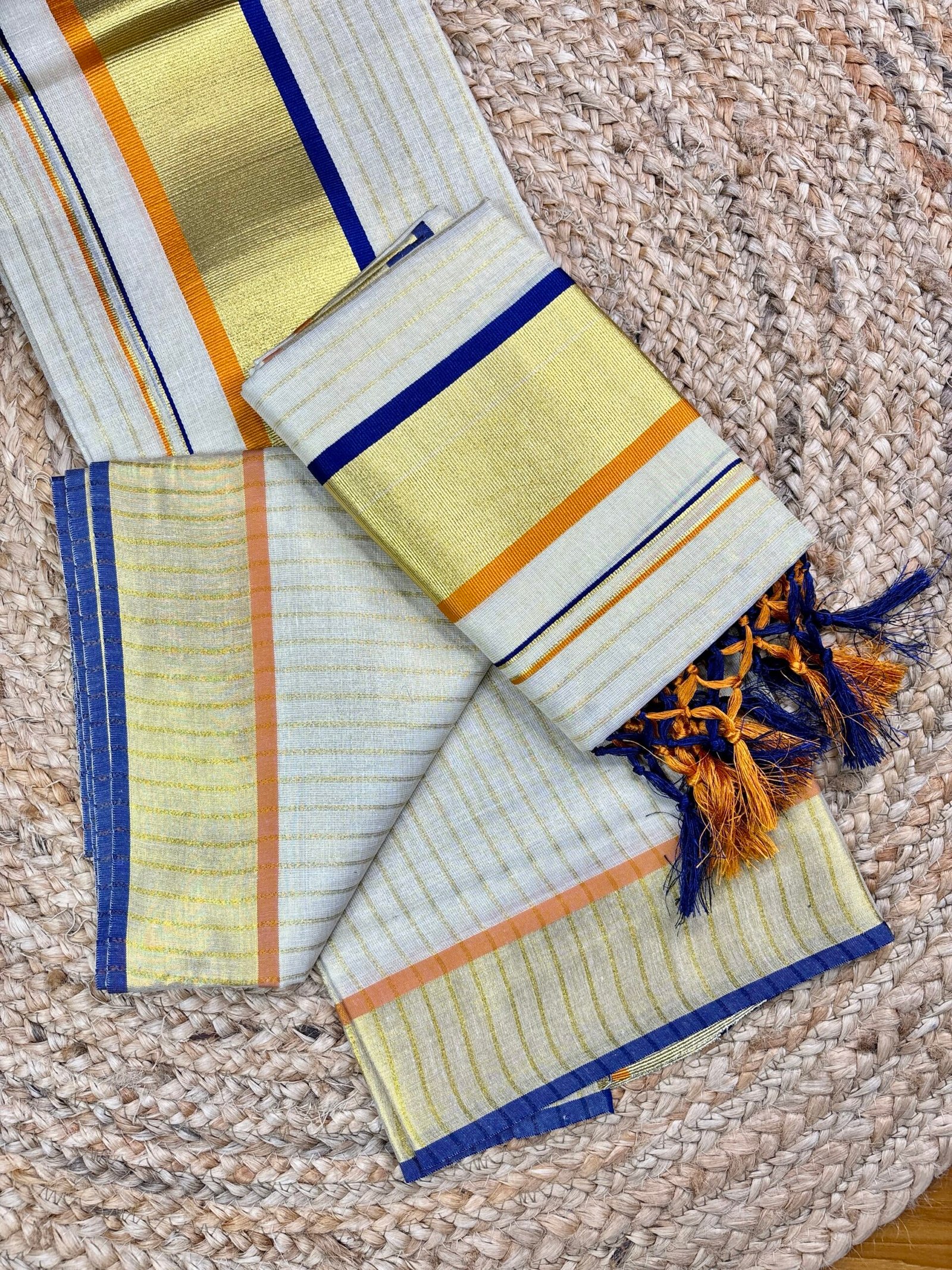Premium Kerala Tissue Set Mundu (2.80 Meters) with Royal Blue & Mustard Border | Traditional Kasavu Mundu Set with Tassels for Women - Image 2
