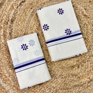 Kerala Puliyilakara Printed Set Mund | Traditional Kerala Cotton Mundum Neriyathum | 2.80 Metre | Printed Design with Classic Border Blue Copy