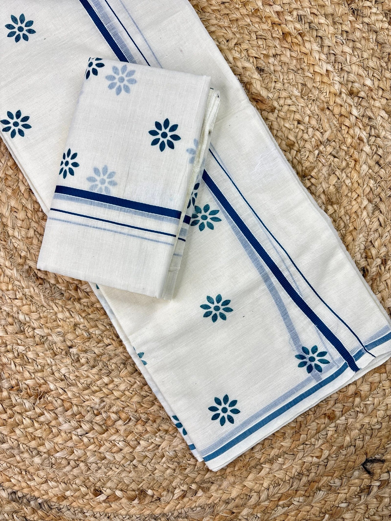 Kerala Puliyilakara Printed Set Mund | Traditional Kerala Cotton Mundum Neriyathum | 2.80 Metre | Printed Design with Classic Border - Image 3