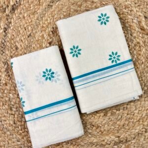 Kerala Puliyilakara Printed Set Mund | Traditional Kerala Cotton Mundum Neriyathum | 2.80 Metre | Printed Design with Classic Border
