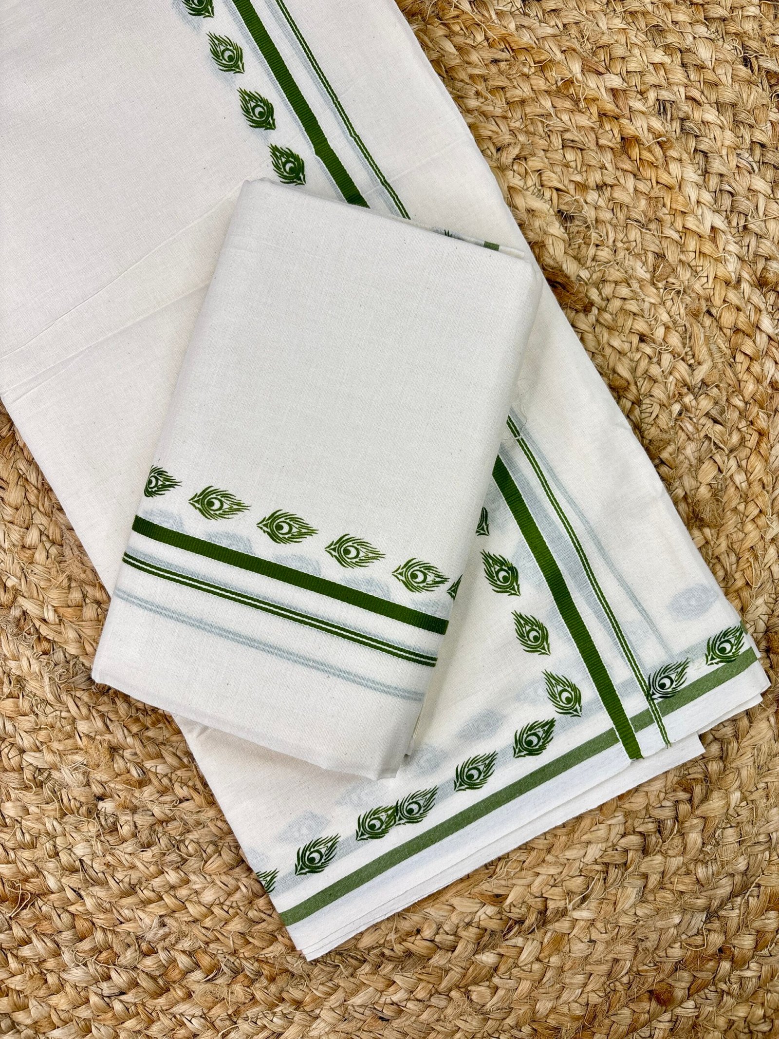 Premium Kerala Puliyilakara Printed Set Mund | Traditional Kerala Cotton Mundum Neriyathum | 2.80 Metre Mayil Peeli