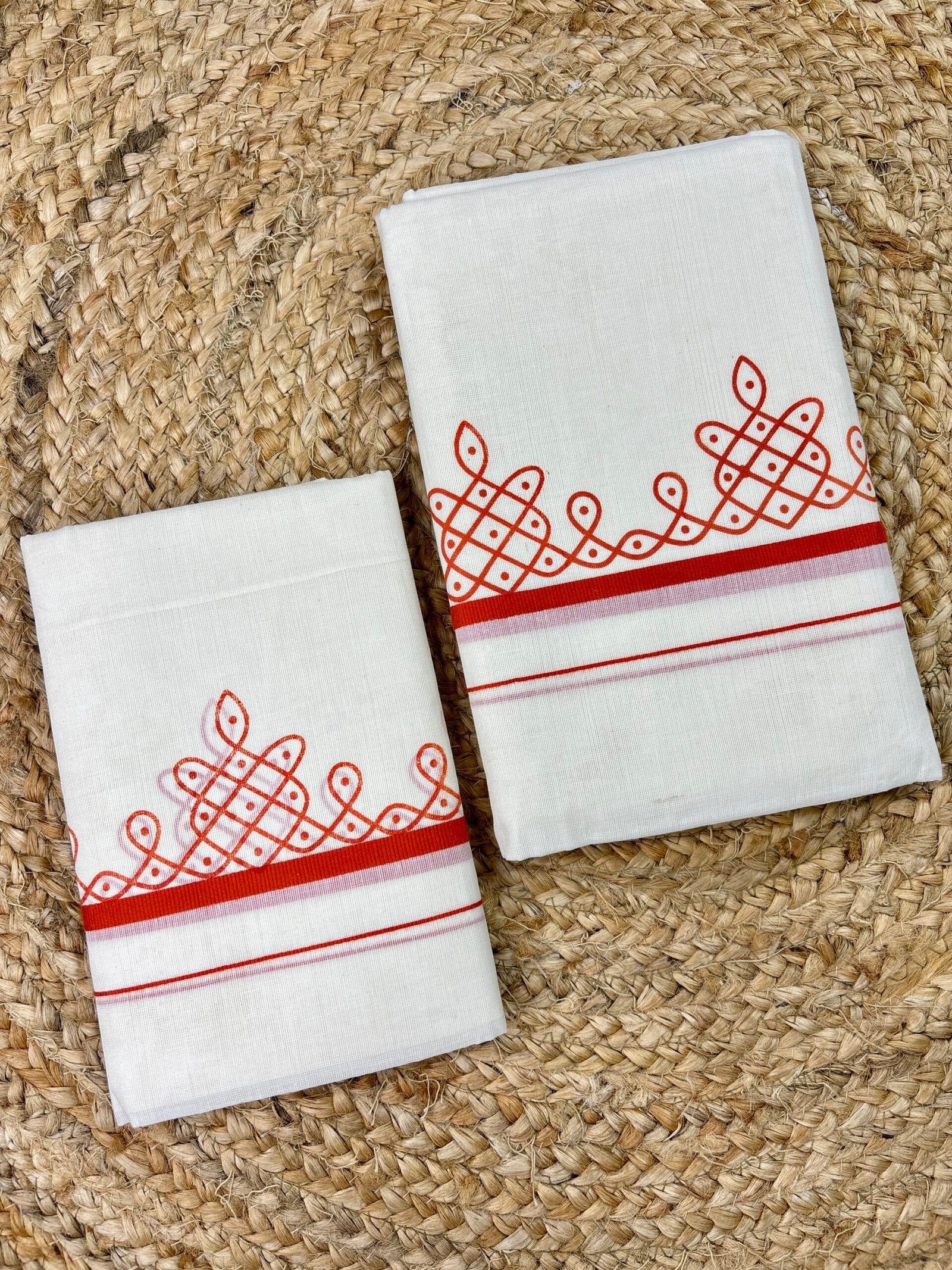 Premium Kerala Puliyilakara Printed Set Mund | Traditional Kerala Cotton Mundum Neriyathum | 2.80 Kolam