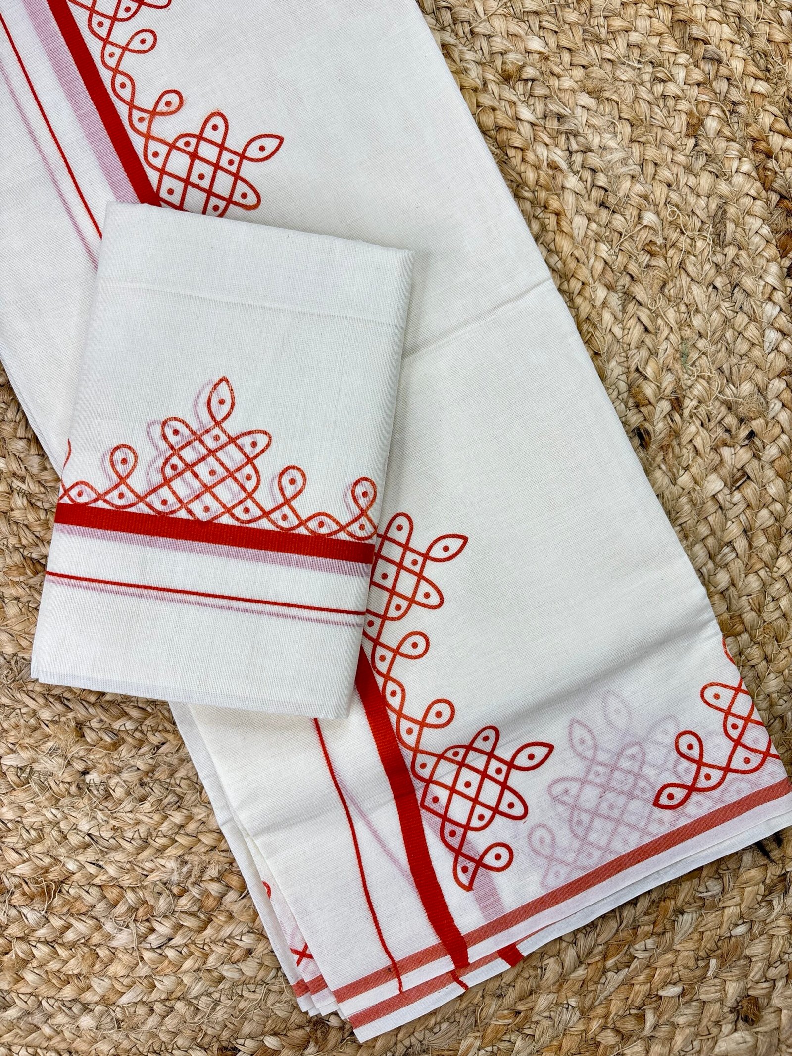 Premium Kerala Puliyilakara Printed Set Mund | Traditional Kerala Cotton Mundum Neriyathum | 2.80 Kolam - Image 2