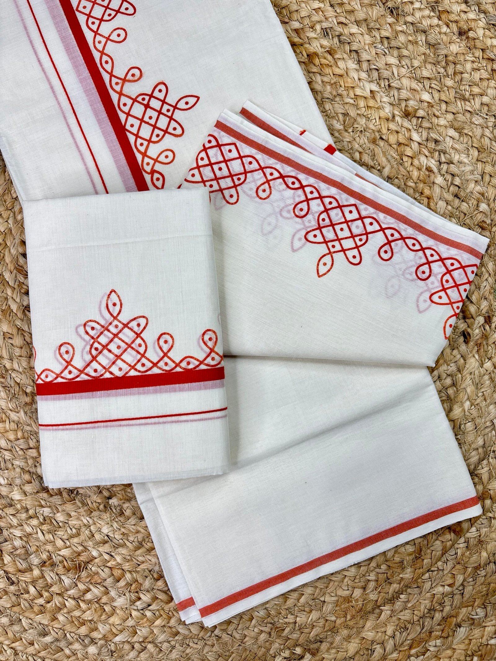 Premium Kerala Puliyilakara Printed Set Mund | Traditional Kerala Cotton Mundum Neriyathum | 2.80 Kolam - Image 3