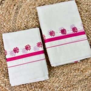 Kerala Traditional Set Mund with 1/2 Inch Kara & Floral Print | Extra Length 2.60 Metre | Traditional Kerala Mundum Neriyathum