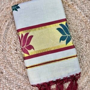 Kerala Tissue Set Saree with Attached Blouse | Traditional Lotus Print Design | Elegant Kerala Ethnic Saree for Women