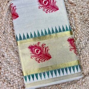 Kerala Tissue Set Saree with Mayilpeeli Print | Traditional Peacock Feather Inspired Design | Elegant Ethnic Saree for Women