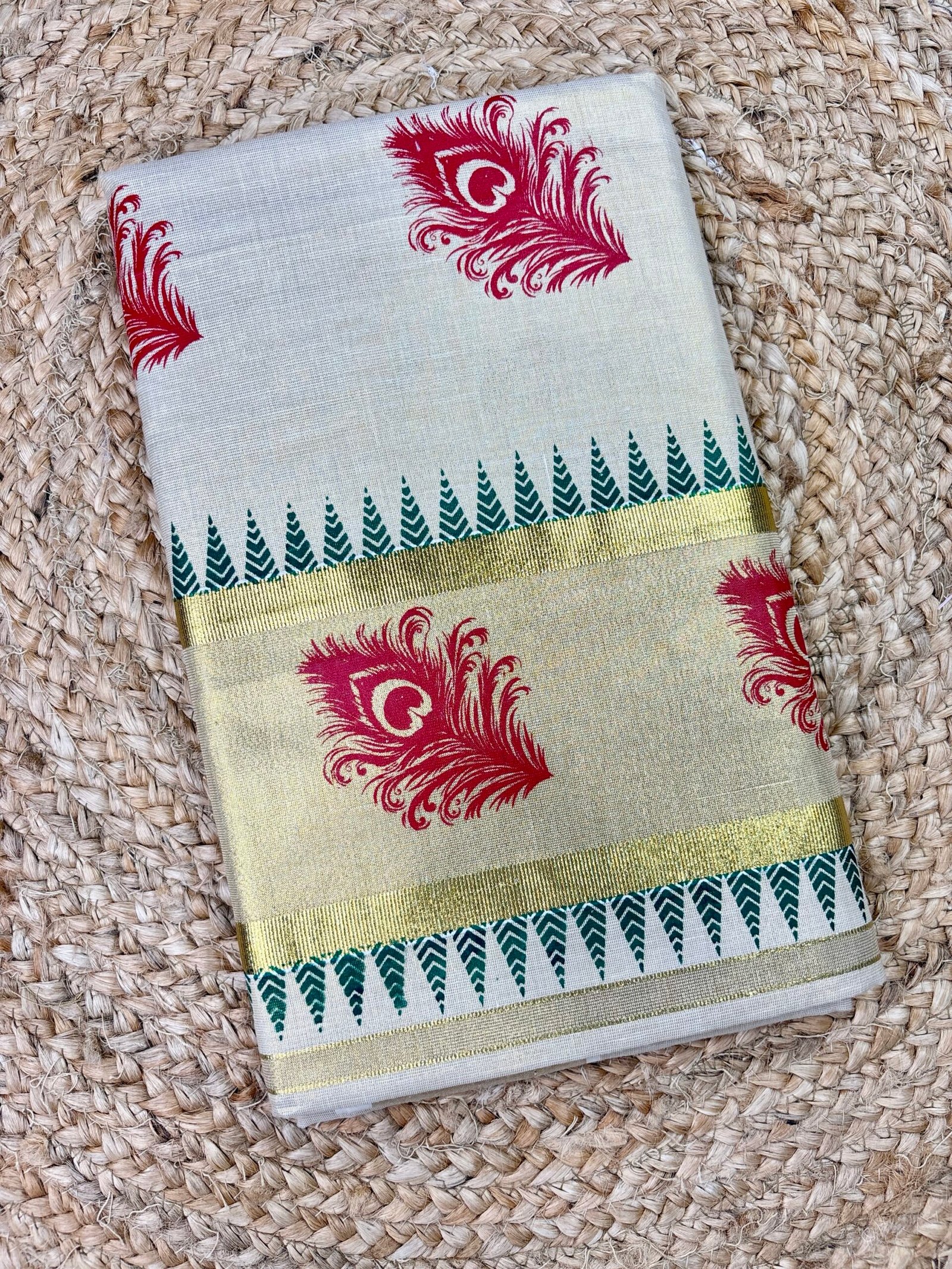 Kerala Tissue Set Saree with Mayilpeeli Print | Traditional Peacock Feather Inspired Design | Elegant Ethnic Saree for Women