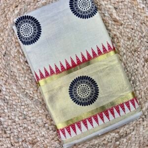 Kerala Tissue Set Saree with Traditional Floral Medallion Print | Elegant Gold Border Design | Kerala Traditional Saree for Women