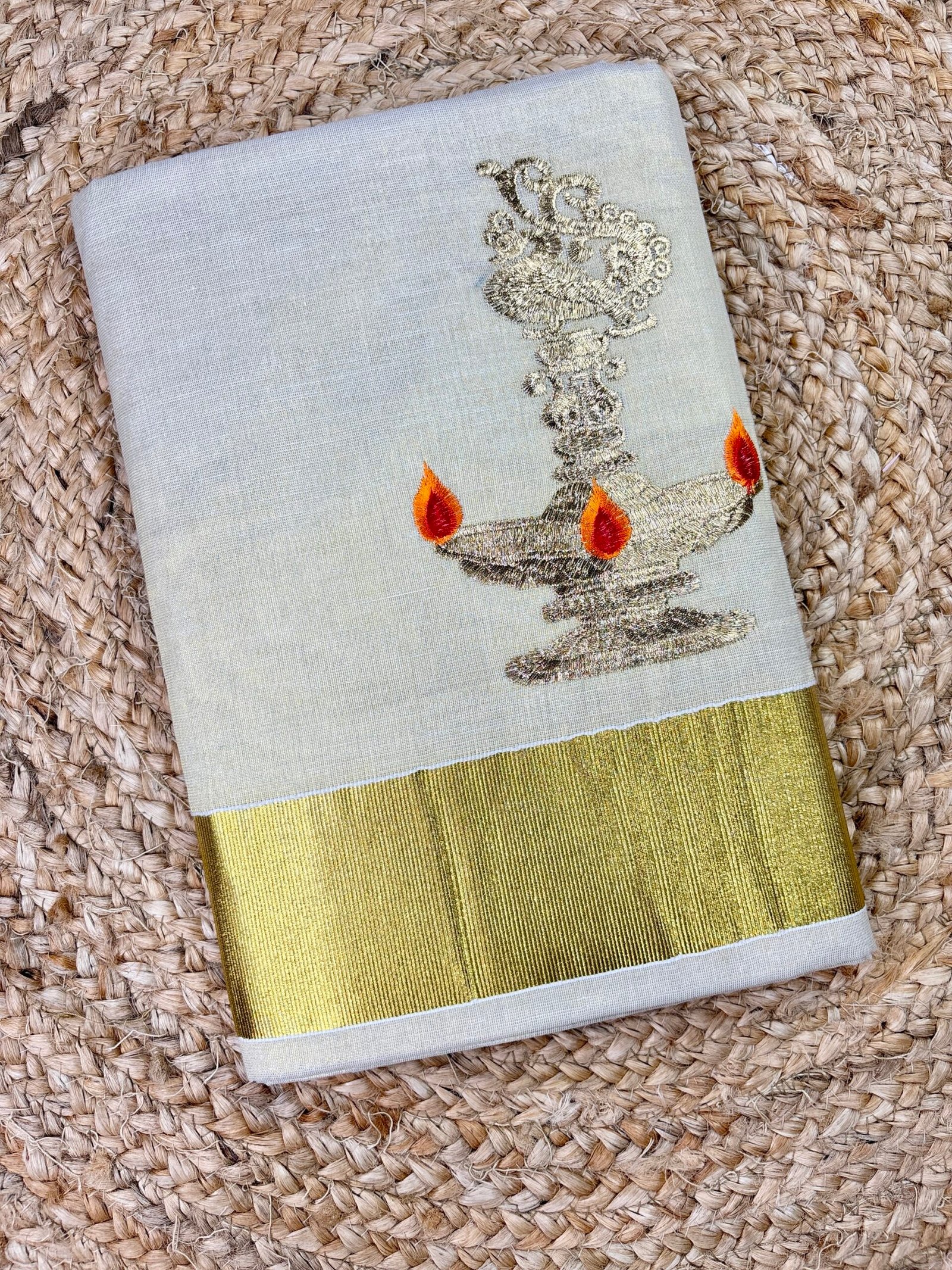Kerala Tissue Set Saree with Traditional Thread Work | Elegant Lamp & Peacock Motif Design | Gold Border Kerala Saree for Women
