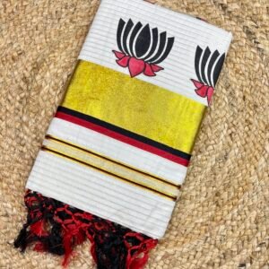 Traditional Kerala Set Saree with Printed Design & Tassel Detailing Meroon and Small Black