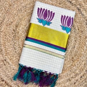 Traditional Kerala Set Saree with Printed Design & Tassel Detailing