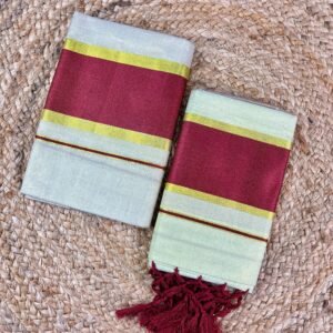 Premium Kerala Tissue Set Mundu with Maroon & Golden Zari Border (2.80 Meters)(1728)