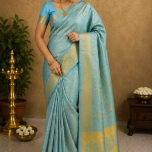Kanjivaram Style Semi Soft Silk Saree with All-Over Gold Zari Floral Jaal Work & Unstitched Blouse Piece- Teal Blue