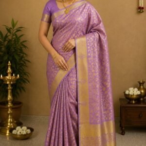 Kanjivaram Style Semi Soft Silk Saree with All-Over Gold Zari Floral Jaal Work & Unstitched Blouse Piece- Lavender
