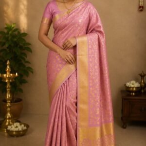 Kanjivaram Style Semi Soft Silk Saree with All-Over Gold Zari Floral Jaal Work & Unstitched Blouse Piece- Dusty Rose