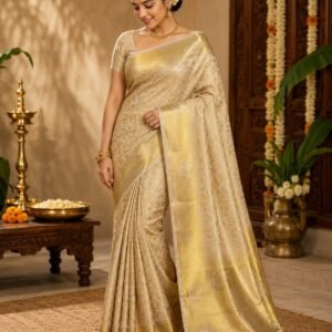 Kanjivaram Style Semi Soft Silk Saree with All-Over Gold Zari Floral Jaal Work & Unstitched Blouse Piece- Cream