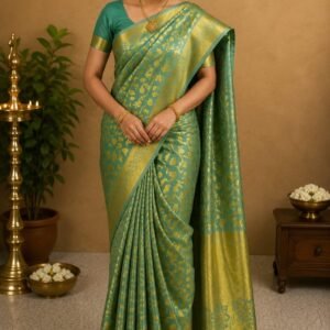 Kanjivaram Style Semi Soft Silk Saree with All-Over Gold Zari Floral Jaal Work & Unstitched Blouse Piece- Olive Green